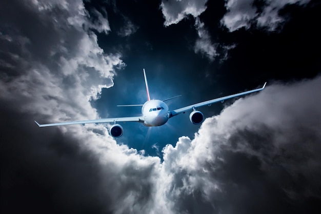 Passagierflugzeug, das in den Wolken fliegt