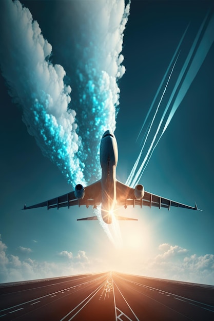 Passagierflugzeug, das mit generativer KI-Technologie durch bewölkten Himmel fliegt