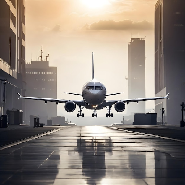 Passagierflugzeug landet inmitten städtischer Silhouette