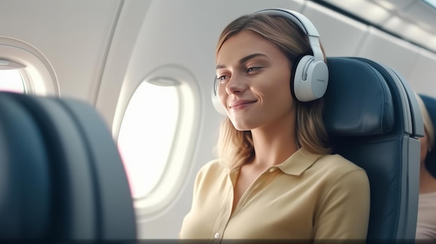 Passagierin eines Flugzeugs sitzt in einem bequemen Sitz und hört Musik über Kopfhörer, während sie an einem modernen Laptop-Computer arbeitet