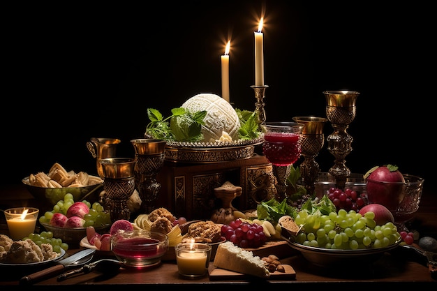 Foto passah-seder-tisch mit matzah und symbolischen elementen, die an alte traditionen erinnern