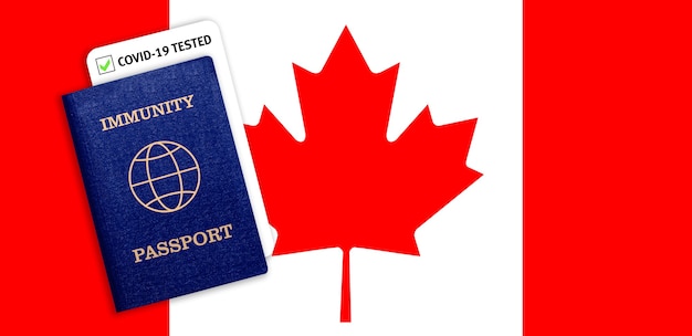 Passaporte de imunidade com teste cobiçado na bandeira nacional do Canadá