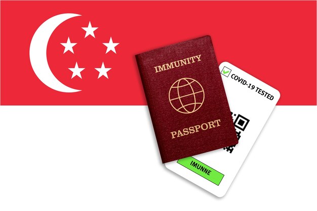 Passaporte de imunidade para viagens após pandemia e resultado do teste para covid na bandeira de cingapura