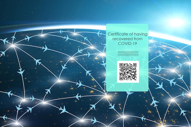 Foto passaporte digital verdecertificado de recuperação do covid19 com aviões e copie o espaçoelemento de imagem fornecido pela nasa