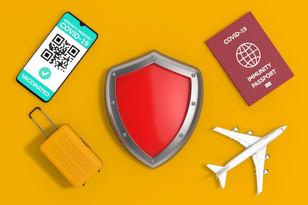 Passaporte imunológico de saúde, certificado de aplicativo de celular para vacinação, mala e avião ao redor do escudo de proteção em um fundo amarelo. renderização 3d