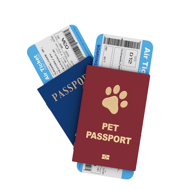 Passaporte internacional azul e documento de passaporte vermelho para animais de estimação ou certificado de transporte de cães e gatos com pata dourada na capa com passagens aéreas bilhetes de embarque de voo 3d renderização