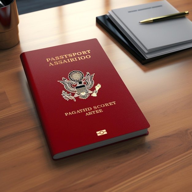 Passaporte vermelho num escritório de controlo fronteiriço limpo