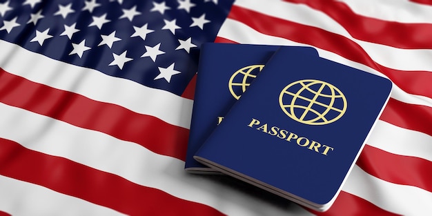 Passaportes azuis na ilustração 3d do fundo da bandeira dos EUA