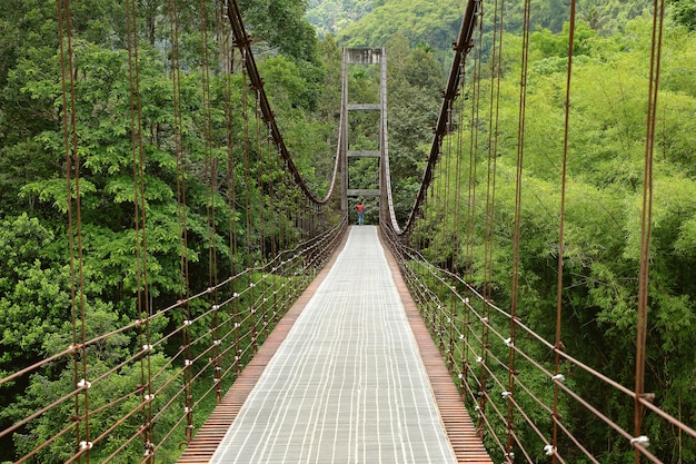 Passarela ponte suspensa para a selva atravessar o rio.