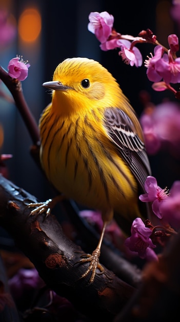 Pássaro amarelo empoleirado em um galho de árvore com flores cor-de-rosa