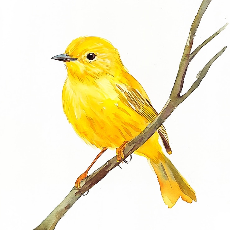 Foto pássaro amarelo sentado em um galho de uma árvore com um fundo branco