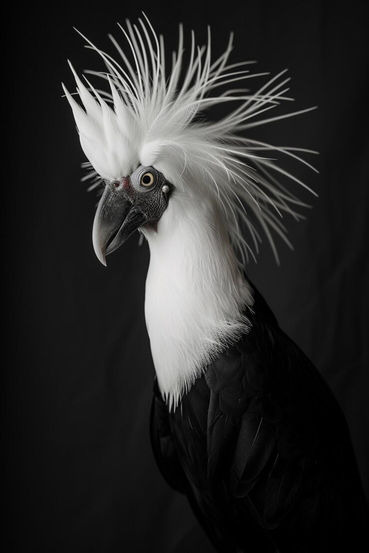 Foto pássaro araffy com penas brancas e penas pretas em um fundo preto