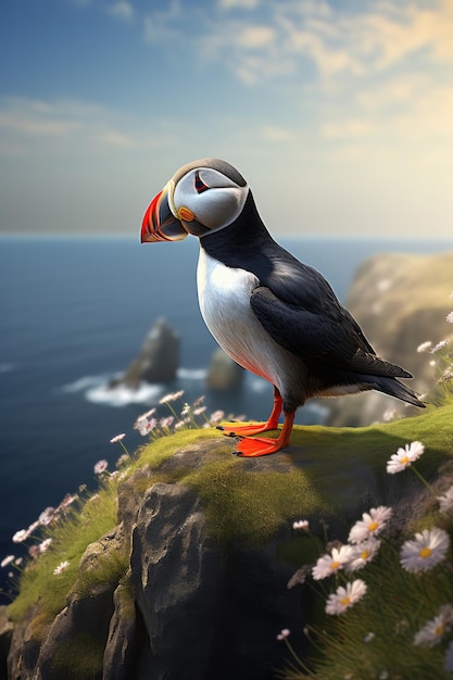 Pássaro Atlantic Puffins perto da paisagem oceânica Fratercula arctica Generative ai