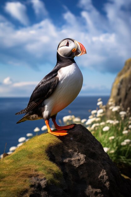 Pássaro Atlantic Puffins perto da paisagem oceânica Fratercula arctica Generative ai