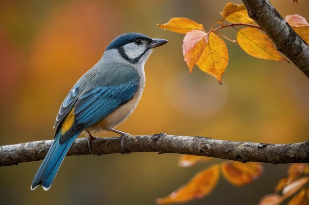 Pássaro azul colorido em um galho de outono