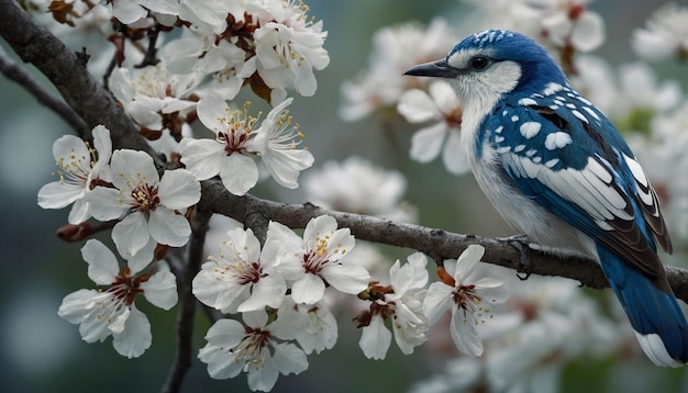 Pássaro azul e branco com sua plumagem vibrante e padrões intrincados senta-se em um galho de árvore adornado w