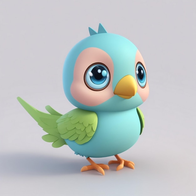 Foto pássaro bebê de desenho animado 3d nas cores azuis e amarelas com um fundo azul generativo ai