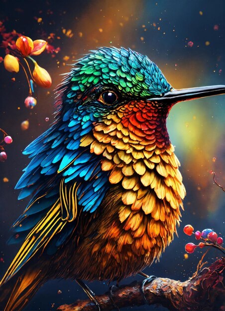 Foto pássaro beija-flor voador com floresta verde no fundo pequeno pássaro colorido em voo arte digital