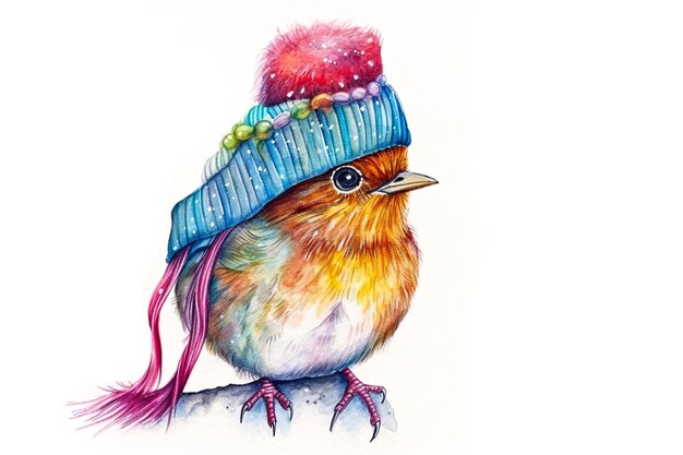 Pássaro bonito em cachecol colorido e chapéu de inverno AI generative