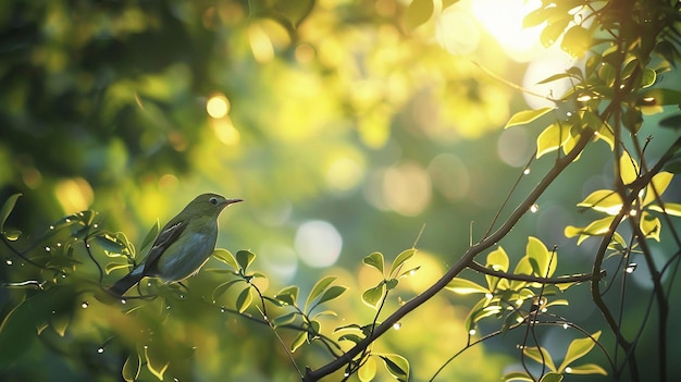 Pássaro bonito no galho de uma árvore alta, iluminação suave e quente, sol incrível, detalhes altos.
