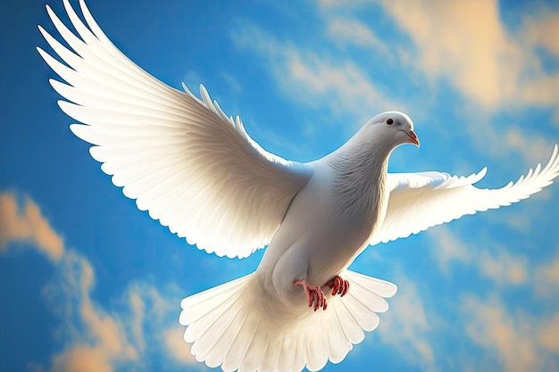 Pássaro branco simbolizando a pomba da paz voando sobre os céus