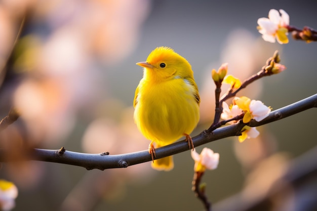 Pássaro cantor amarelo empoleirado em um galho à luz do sol