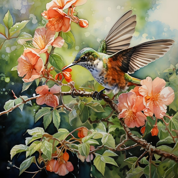 Pássaro colibri aquarela trabalho no jardim b