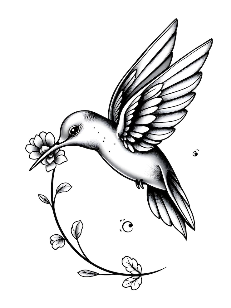 Foto pássaro-colibri em voo com coroa de flores ilustração em tinta preta e branca