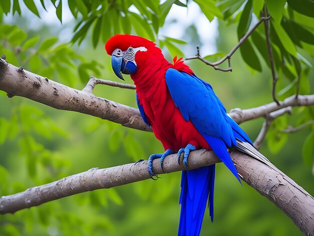 Pássaro colorido da foto dos papagaios no fundo da natureza vermelho e azul marcaw nos galhos