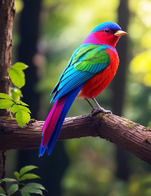 Foto pássaro colorido e vermelho em galho na floresta