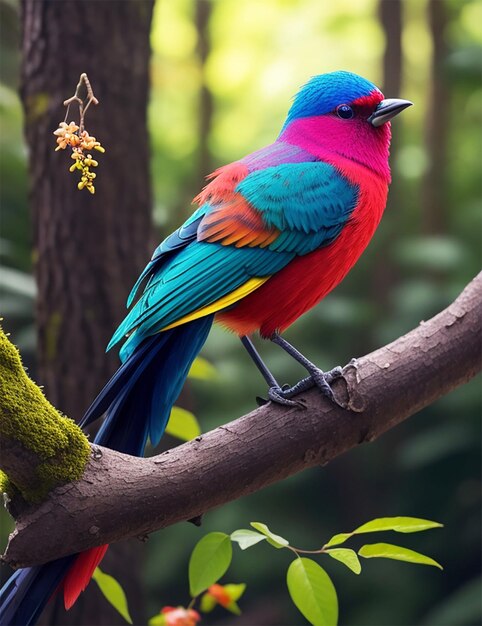 Foto pássaro colorido e vermelho em galho na floresta