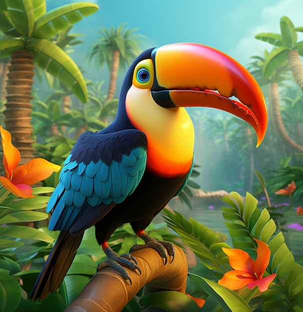 pássaro colorido empoleirado em um galho em uma selva tropical generativa ai