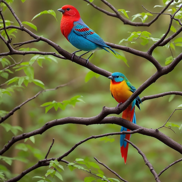 Foto pássaro colorido senta-se em um galho na floresta