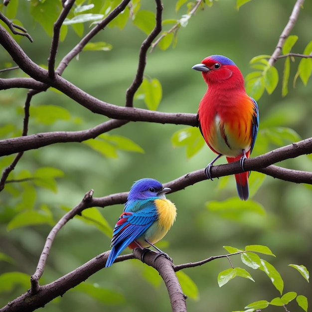 Foto pássaro colorido senta-se em um galho na floresta