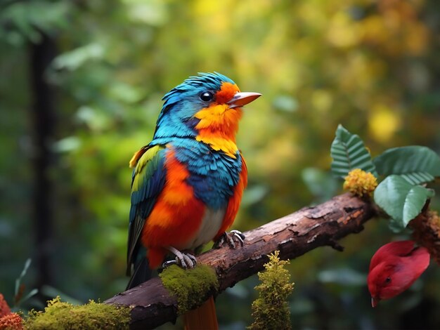 Pássaro colorido senta-se em um galho na floresta