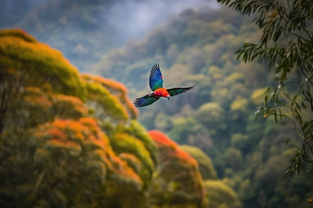Pássaro colorido voando acima da floresta com vista para as árvores criadas com ai generativa