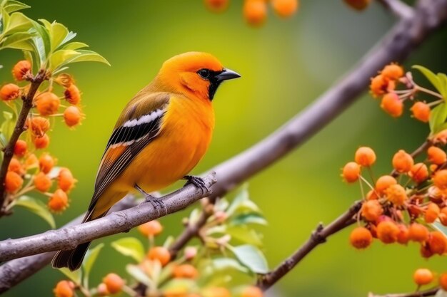 Pássaro com plumagem de pêssego e laranja em seu habitat natural para observação de aves exóticas