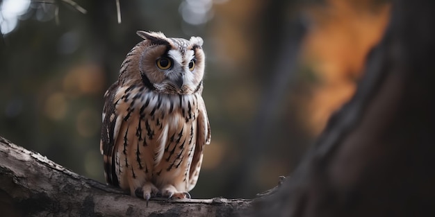 Pássaro coruja sentado em uma árvore banch wil vida natureza ao ar livre floresta cenário paisagística de fundo