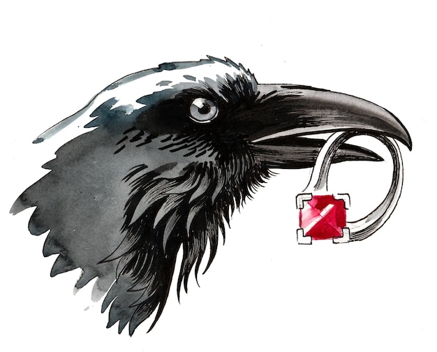 Pássaro corvo com anel de rubi. Desenho a tinta e aguarela