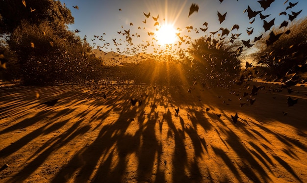 Pássaro da luz solar da liberdade no céu Pássaros voando silhuetas no pôr do sol IA generativa