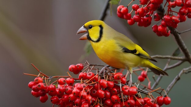 Foto pássaro-de-bico-cruz amarelo comendo bagas vermelhas em uma árvore