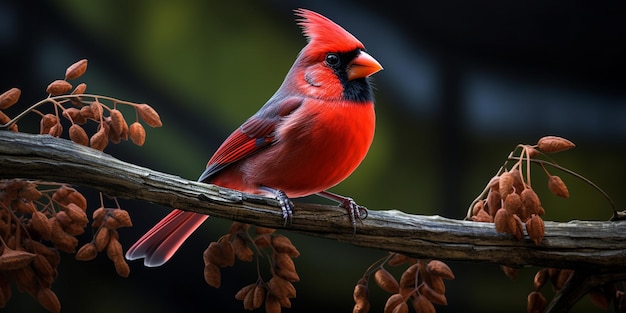 Pássaro de cena tranquila sentado em um galho cercado pela beleza natural do Cardeal do Norte empoleirado