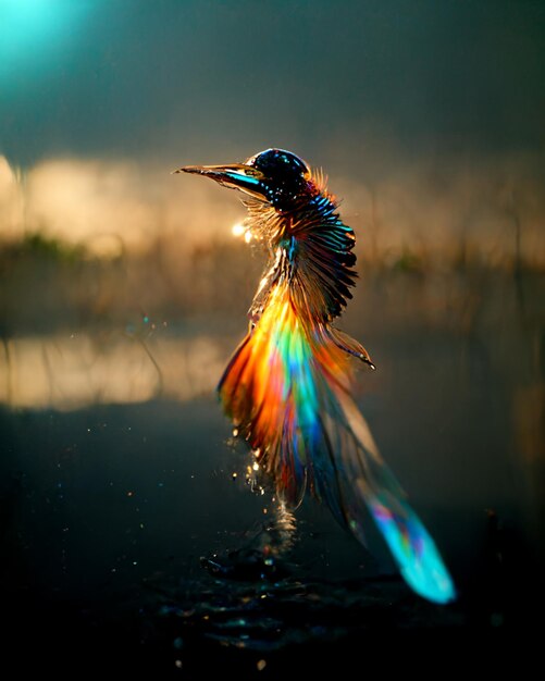 pássaro de cores brilhantes de pé na água com as asas estendidas generativo ai