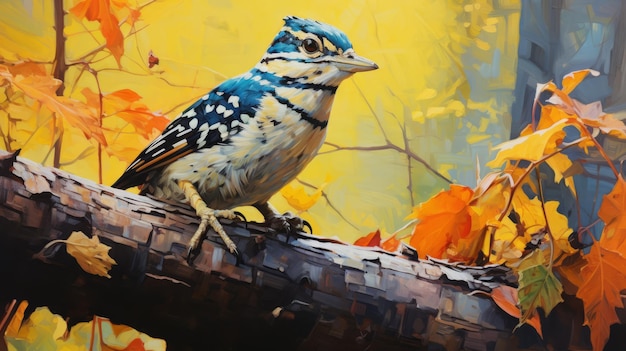 Pássaro de outono no galho, uma pintura charmosa e hiperrealista