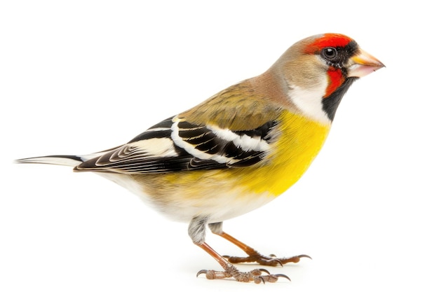 Pássaro de pé isolado da Europa de cores amarelas e vermelhas Cortado em fundo branco