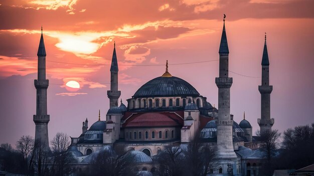 Foto pássaro e hagia sophia ao pôr-do-sol em istambul, turquia