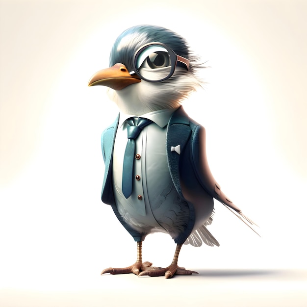 Pássaro elegante em uma ilustração 3d de jaqueta e gravata