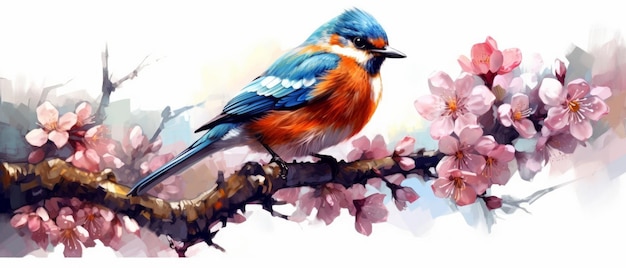 pássaro em um galho em flores aquarela clipart cores brilhantes isolado fundo branco