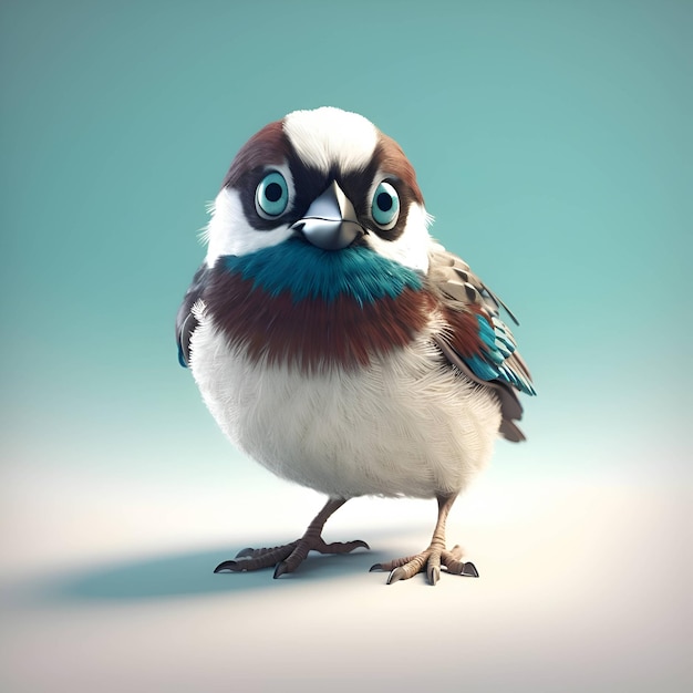 Pássaro engraçado com olhos azuis em uma renderização 3d de fundo azul