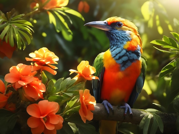 Foto pássaro exótico brilhante em um jardim tropical